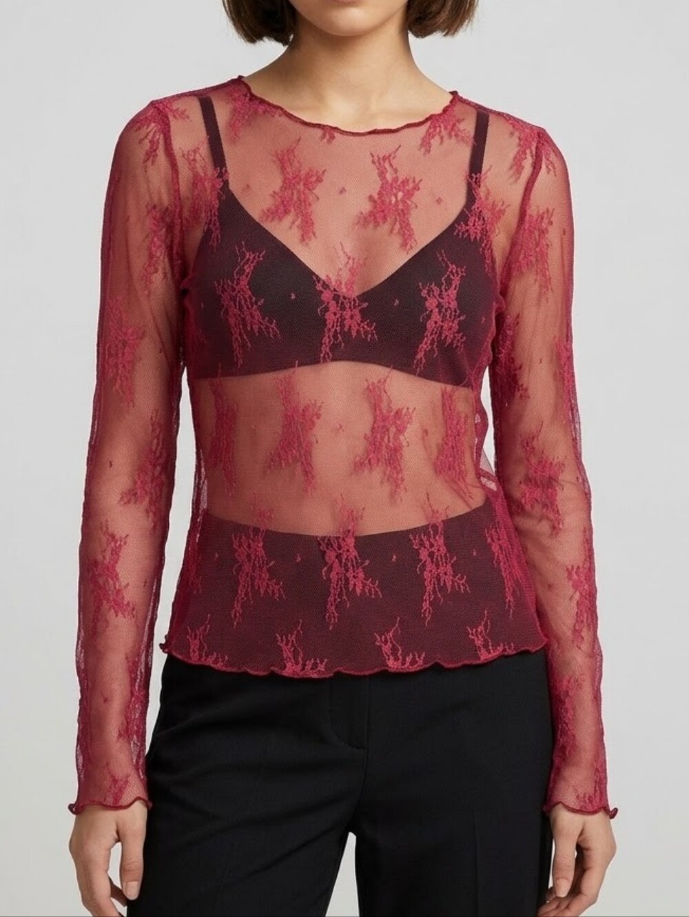 NWT Burgundy Floral Sheer Mesh Lace Long Sleeve Top Blouse - XXL
